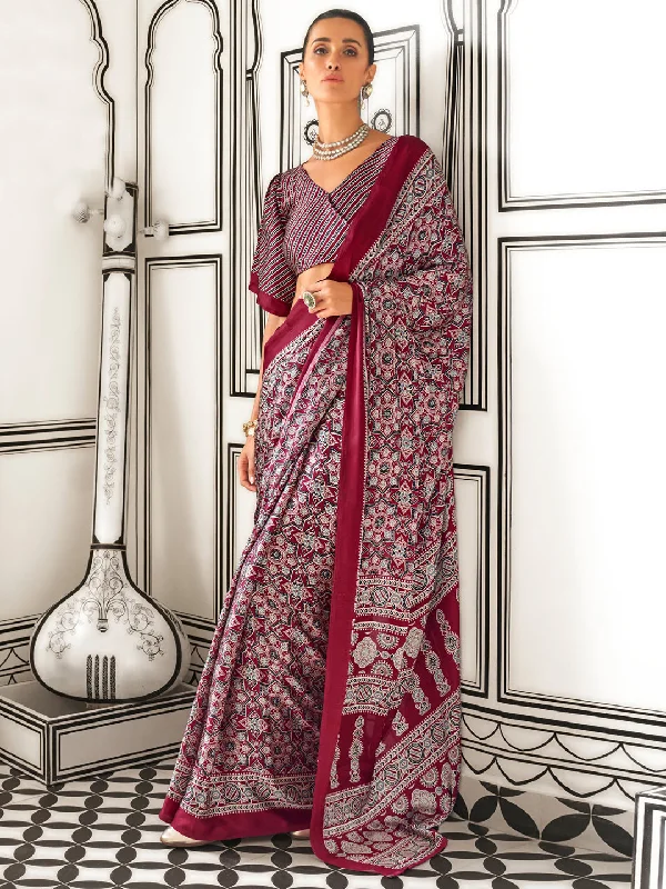 Women's Crepe Maroon Printed Designer Saree With Blouse Piece Stylish Wrap Blouse