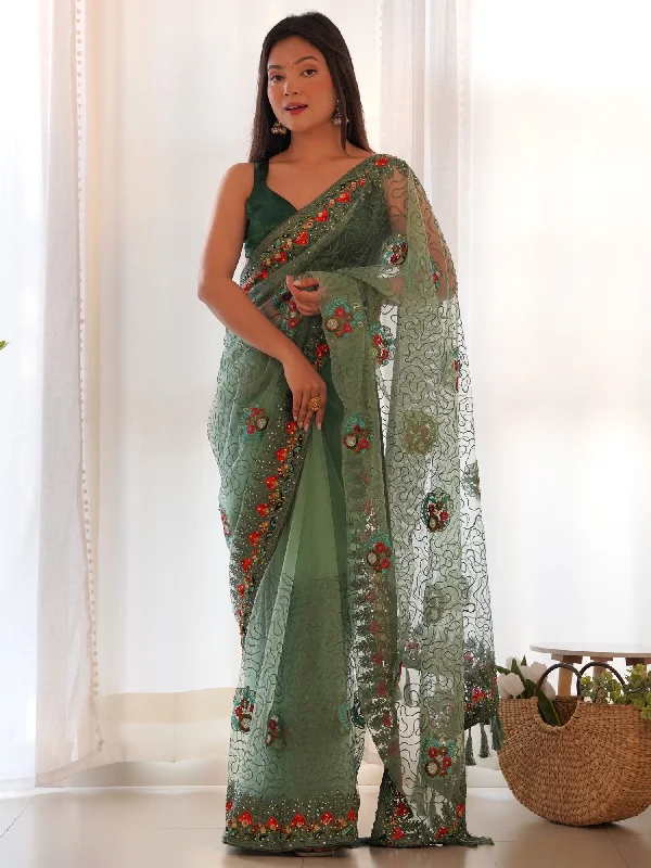 Women's Net Light Green Embellished Designer Saree With Blouse Piece Floral Print Blouse Women's Net Light Green Embellished Designer Saree With Blouse Piece Floral Print Blouse