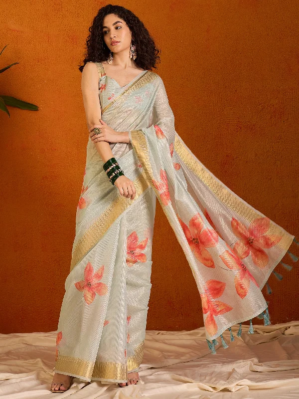 Women's Organza Light Blue Printed Designer Saree With Blouse Piece Office-Ready Blouse Women's Organza Light Blue Printed Designer Saree With Blouse Piece Office-Ready Blouse