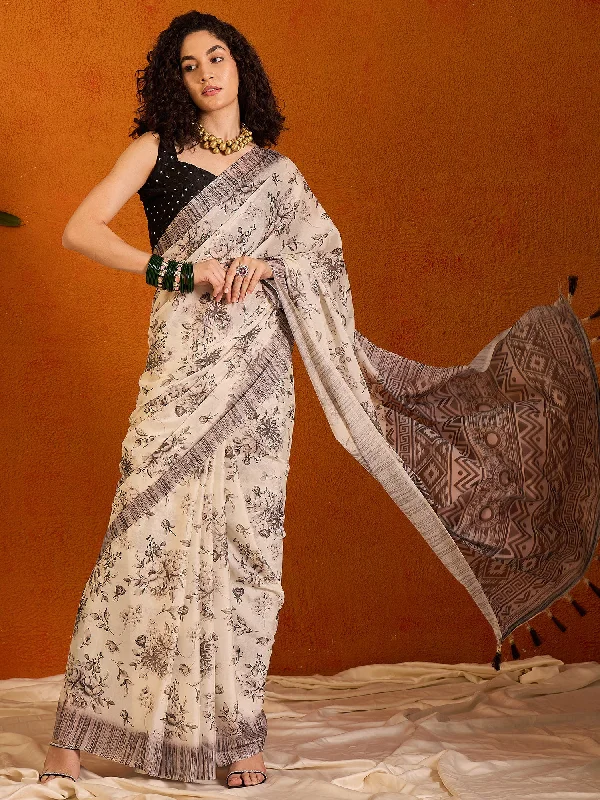 Women's Georgette Off White Printed Designer Saree With Blouse Piece Delicate Pleat Blouse Women's Georgette Off White Printed Designer Saree With Blouse Piece Delicate Pleat Blouse