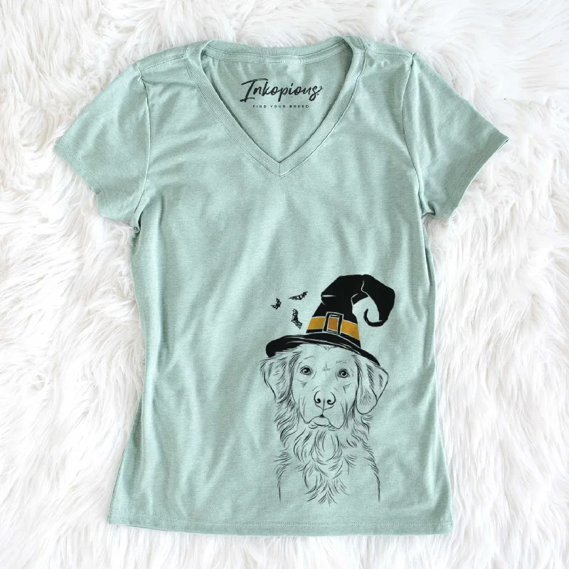 Witch Linden the Golden Retriever - Women's V-neck Shirt-- Zippered Front Buttoned Front Snap Front