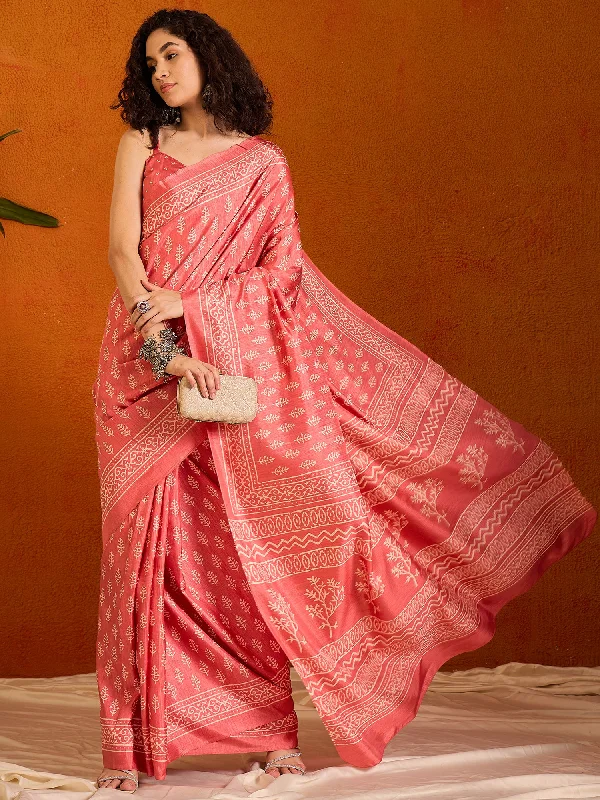 Women's Cotton Blend Pink Printed Designer Saree With Blouse Piece Versatile Layering Blouse Women's Cotton Blend Pink Printed Designer Saree With Blouse Piece Versatile Layering Blouse