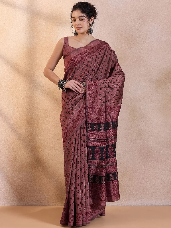 Women's Dola Silk Brown Printed Designer Saree With Blouse Piece Frilled Cuff Blouse Women's Dola Silk Brown Printed Designer Saree With Blouse Piece Frilled Cuff Blouse
