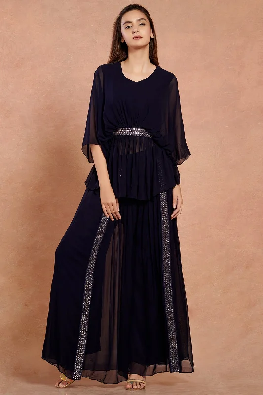 50Z305-RO Navy Blue Georgette Cape Blouse with Palazzo Relaxed Fit Blouse