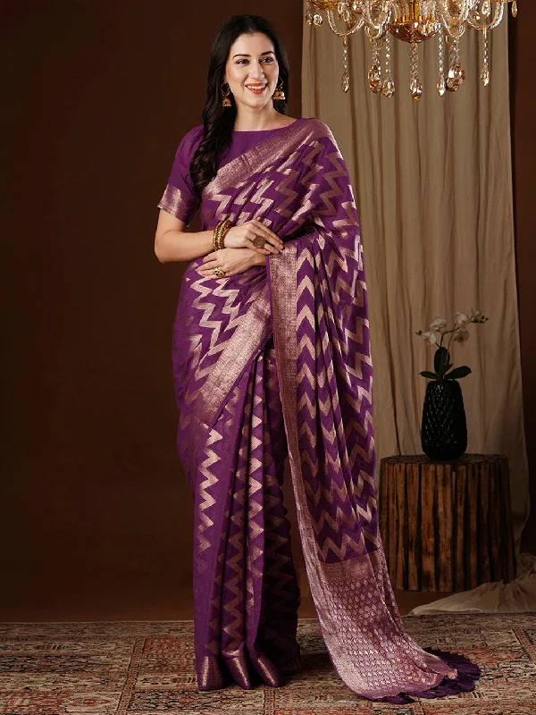 Women's Georgette Purple Woven Design Designer Saree With Blouse Piece Peter Pan Collar Blouse Women's Georgette Purple Woven Design Designer Saree With Blouse Piece Peter Pan Collar Blouse