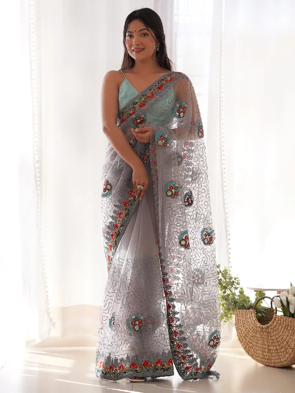 Women's Net Grey Embellished Designer Saree With Blouse Piece Casual Button Blouse