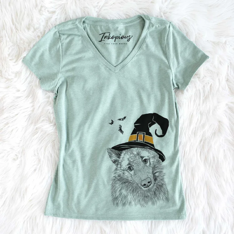 Witch Mr. Maverick the Keeshond - Women's V-neck Shirt-- Zippered Buttoned Snapped