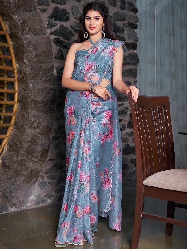 Women's Silk Blend Blue Embellished Designer Saree With Blouse Piece Peter Pan Collar Blouse Women's Silk Blend Blue Embellished Designer Saree With Blouse Piece Peter Pan Collar Blouse