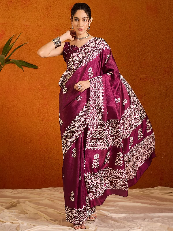 Women's Cotton Blend Magenta Printed Designer Saree With Blouse Piece Subtle Shimmer Blouse
