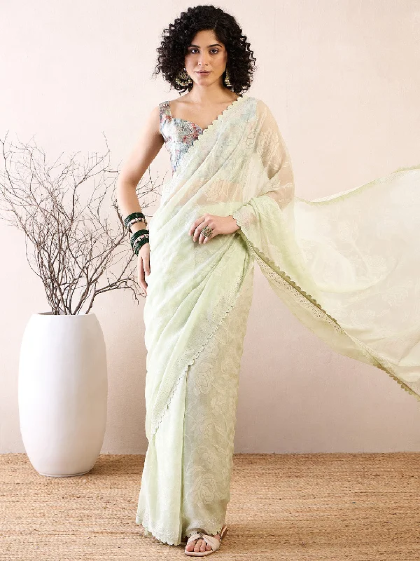 Women's Chiffon Light Green Embellished Ready to Wear With Blouse Piece Versatile Layering Blouse Women's Chiffon Light Green Embellished Ready to Wear With Blouse Piece Versatile Layering Blouse