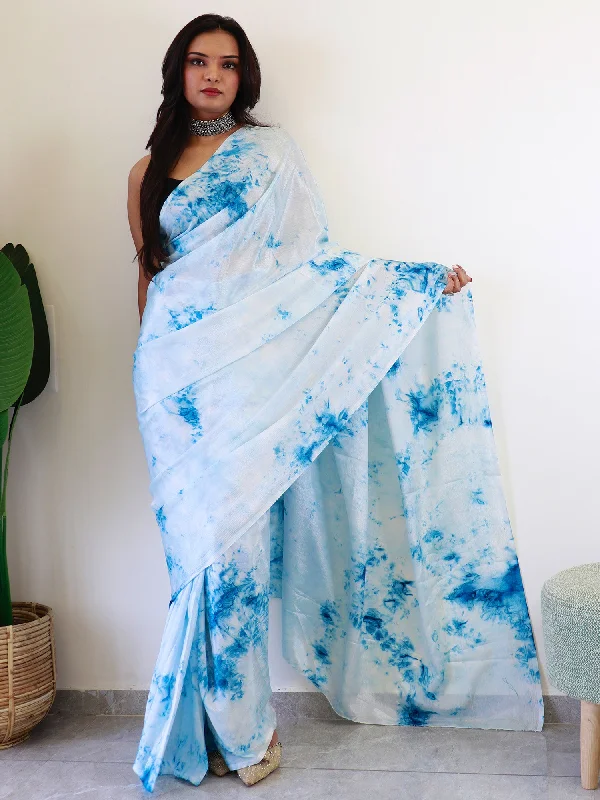 Women's Chiffon White Printed Ready to Wear With Blouse Piece Balloon Sleeve Blouse