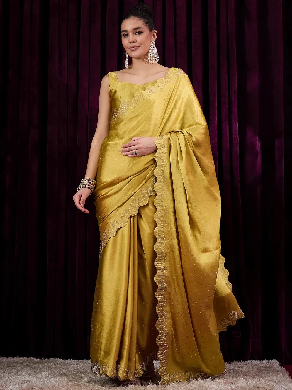 Women's Satin Silk Mustard Embellished Designer Saree With Blouse Piece Slim Fit Blouse