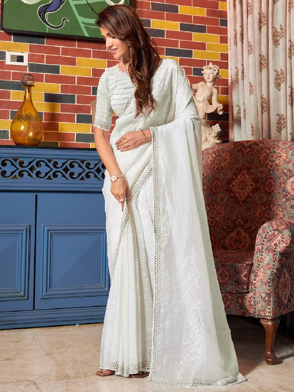 Women's Pure Silk Off White Embellished Designer Saree With Blouse Piece Airy Cotton Blouse Women's Pure Silk Off White Embellished Designer Saree With Blouse Piece Airy Cotton Blouse