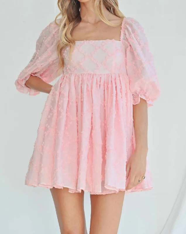 Ribbon Textured Puff Sleeve Babydoll Mini Dress In Baby Pink Cozy T-Shirt Mini Dress Ribbon Textured Puff Sleeve Babydoll Mini Dress In Baby Pink Cozy T-Shirt Mini Dress