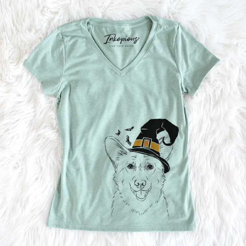Witch Ricco the Corgi - Women's V-neck Shirt-- Mesh Blend Leather Blend Suede Blend