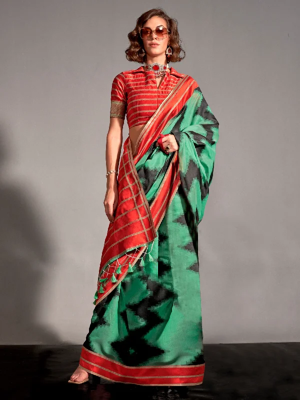 Women's Silk Blend Sea Green Woven Design Designer Saree With Blouse Piece Ruffled Neck Blouse