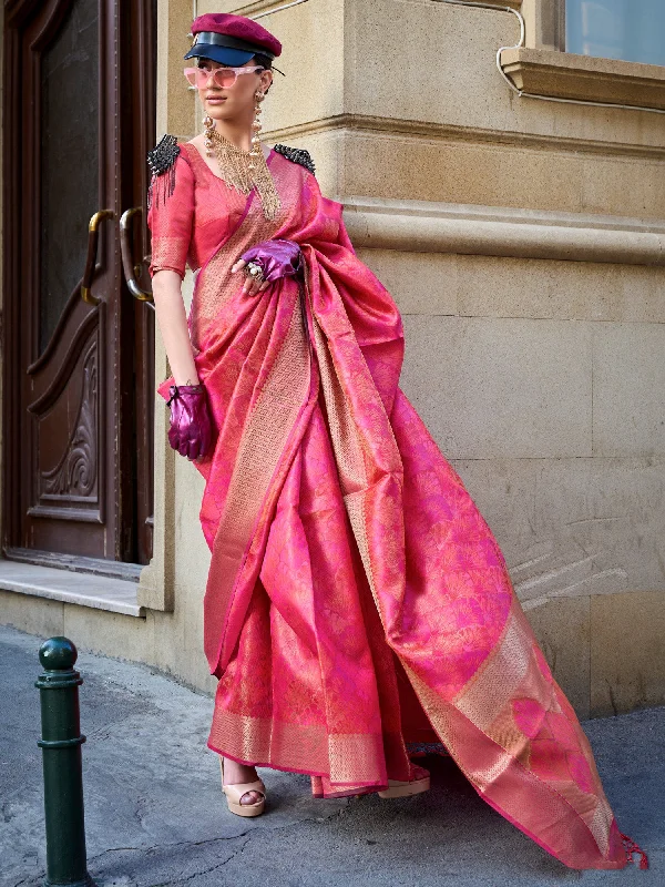 Women's Organza Pink Woven Design Designer Saree With Blouse Piece Elegant Embroidery Blouse Women's Organza Pink Woven Design Designer Saree With Blouse Piece Elegant Embroidery Blouse