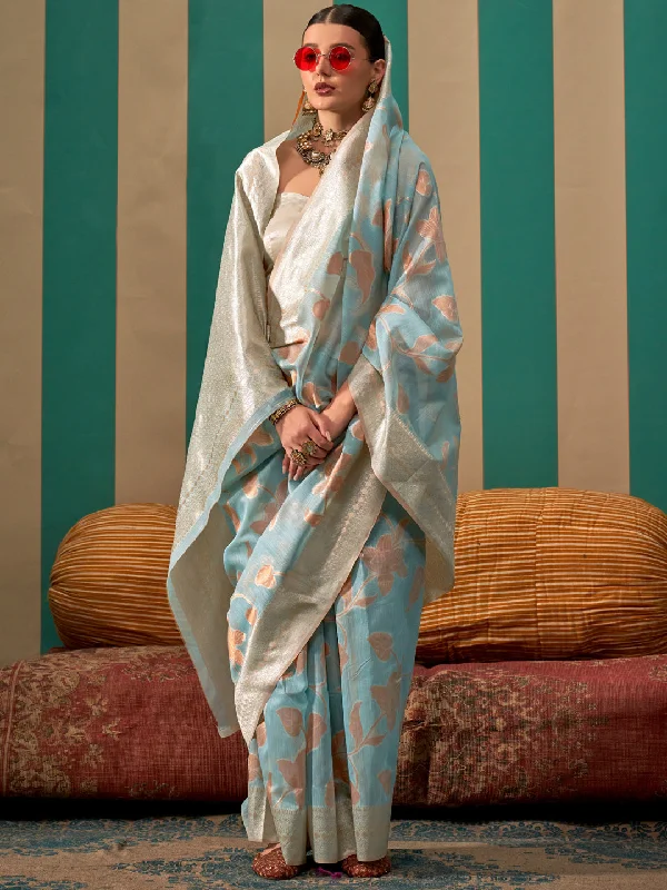 Women's Linen Light Blue Woven Design Designer Saree With Blouse Piece Feminine Puff Blouse Women's Linen Light Blue Woven Design Designer Saree With Blouse Piece Feminine Puff Blouse