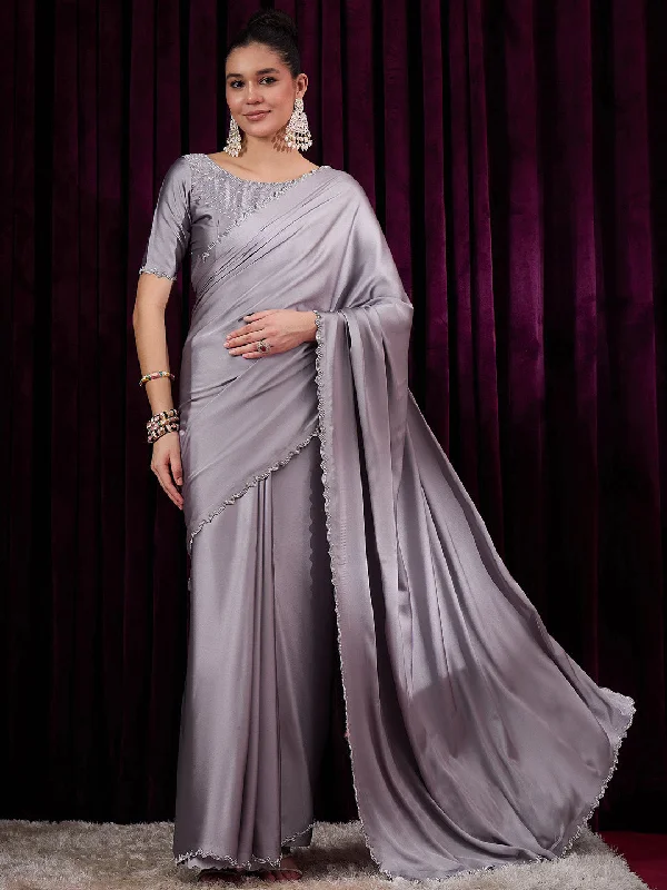 Women's Satin Silk Grey Embellished Designer Saree With Blouse Piece Wrap Front Blouse Women's Satin Silk Grey Embellished Designer Saree With Blouse Piece Wrap Front Blouse