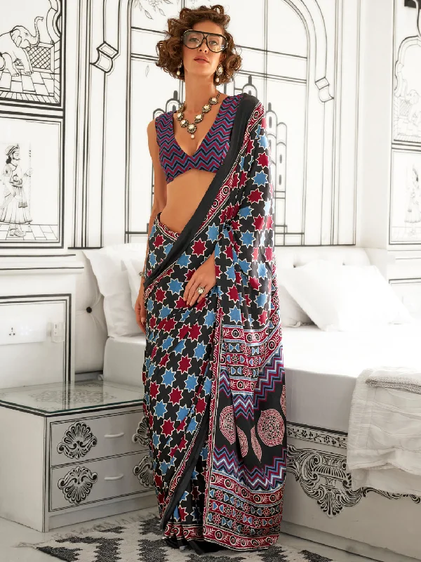 Women's Crepe Black Printed Designer Saree With Blouse Piece Feminine Tie Blouse