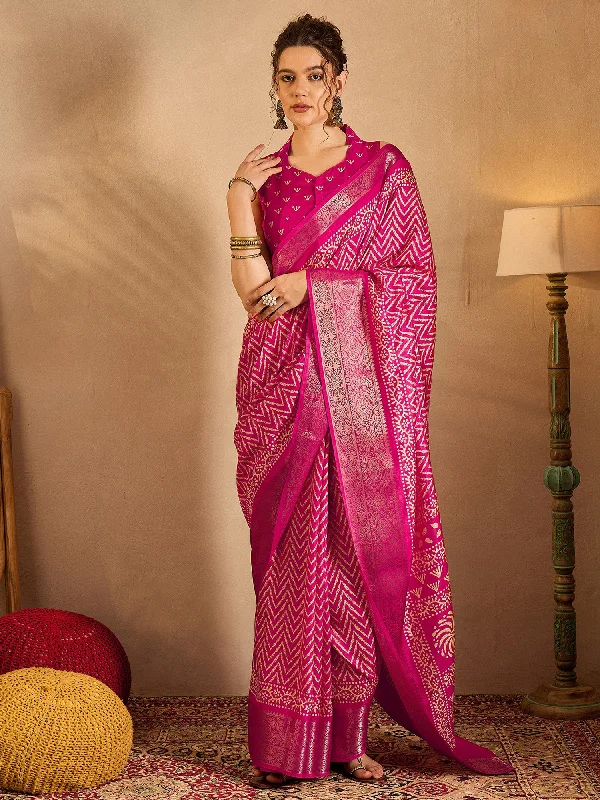Women's Silk Blend Pink Printed Designer Saree With Blouse Piece Satin Long Blouse