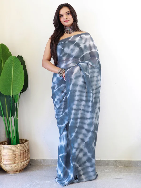 Women's Georgette Grey Printed Ready to Wear With Blouse Piece Feminine Pastel Blouse Women's Georgette Grey Printed Ready to Wear With Blouse Piece Feminine Pastel Blouse