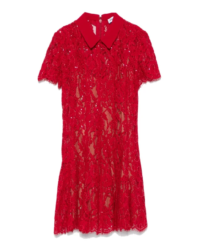 Self-Portrait Red Sequin Lace Mini Dress Comfortable Fit-and-Flare Mini Dress
