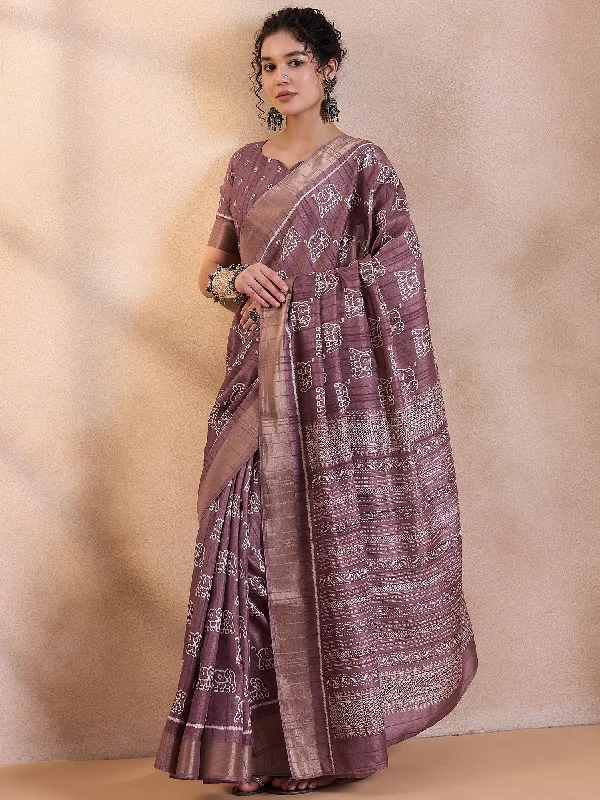 Women's Silk Blend Mauve Printed Designer Saree With Blouse Piece Backless Summer Blouse Women's Silk Blend Mauve Printed Designer Saree With Blouse Piece Backless Summer Blouse