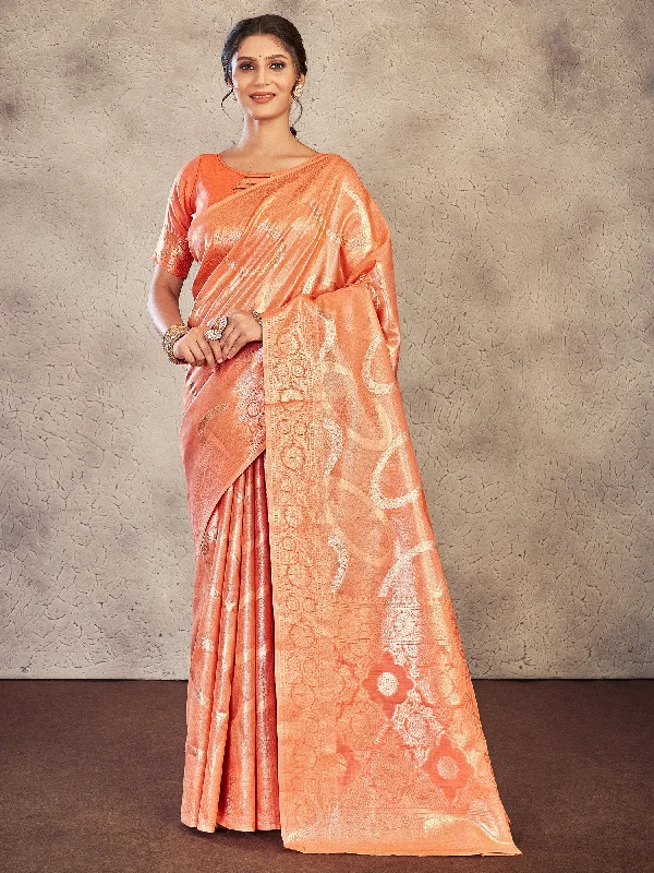 Women's Cotton Peach Woven Design Designer Saree With Blouse Piece Feminine Satin Blouse Women's Cotton Peach Woven Design Designer Saree With Blouse Piece Feminine Satin Blouse