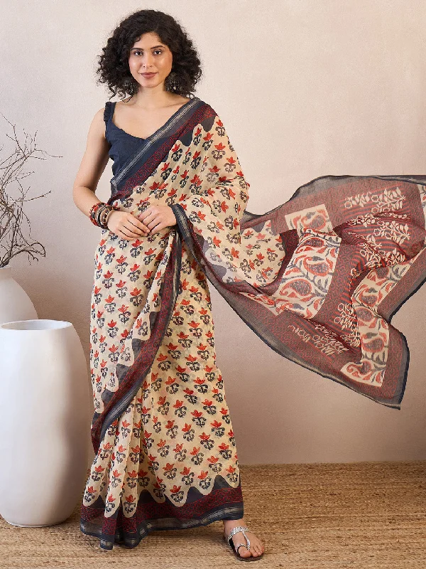 Women's Cotton Blend Beige Printed Ready to Wear With Blouse Piece Gathered Detail Blouse Women's Cotton Blend Beige Printed Ready to Wear With Blouse Piece Gathered Detail Blouse