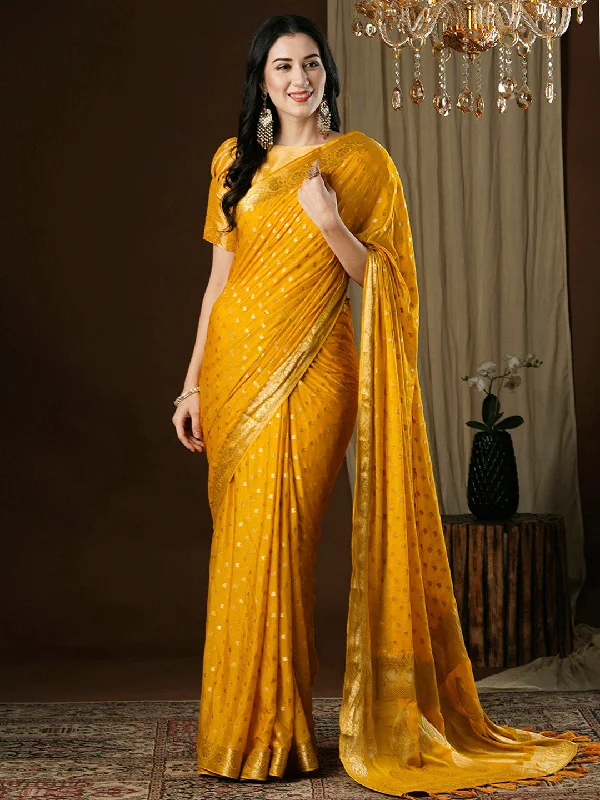 Women's Georgette Yellow Woven Design Designer Saree With Blouse Piece Silky Draped Blouse Women's Georgette Yellow Woven Design Designer Saree With Blouse Piece Silky Draped Blouse