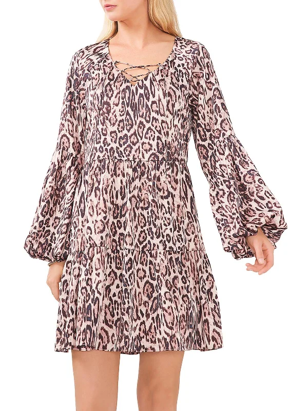 Womens Animal Print Short Mini Dress Chic Puff Sleeve Mini Dress