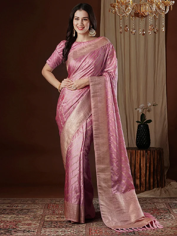 Women's Satin Silk Pink Woven Design Designer Saree With Blouse Piece Polished Work Blouse Women's Satin Silk Pink Woven Design Designer Saree With Blouse Piece Polished Work Blouse