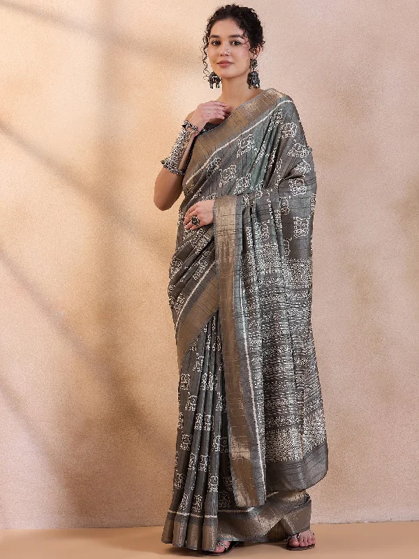 Women's Silk Blend Grey Printed Designer Saree With Blouse Piece Silky Draped Blouse Women's Silk Blend Grey Printed Designer Saree With Blouse Piece Silky Draped Blouse