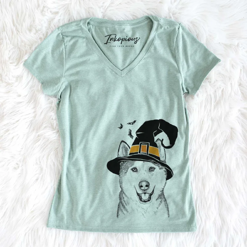 Witch Nika the Siberian Husky - Women's V-neck Shirt-- Collared Crew Neck Turtle Neck Witch Nika the Siberian Husky - Women's V-neck Shirt-- Collared Crew Neck Turtle Neck