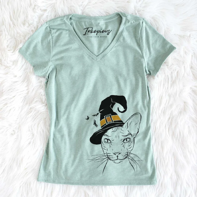 Witch Sammy the Spinx Cat - Women's V-neck Shirt-- Knit Fabric Woven Fabric Fleece Fabric