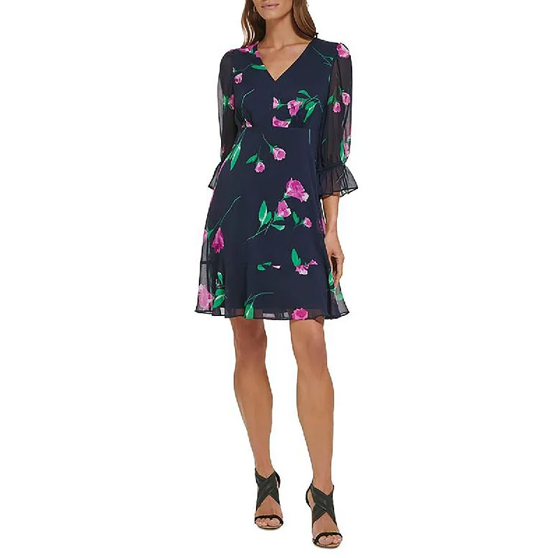 Womens Fit & Flare V-Neck Mini Dress Stylish Puff Sleeve Mini Dress