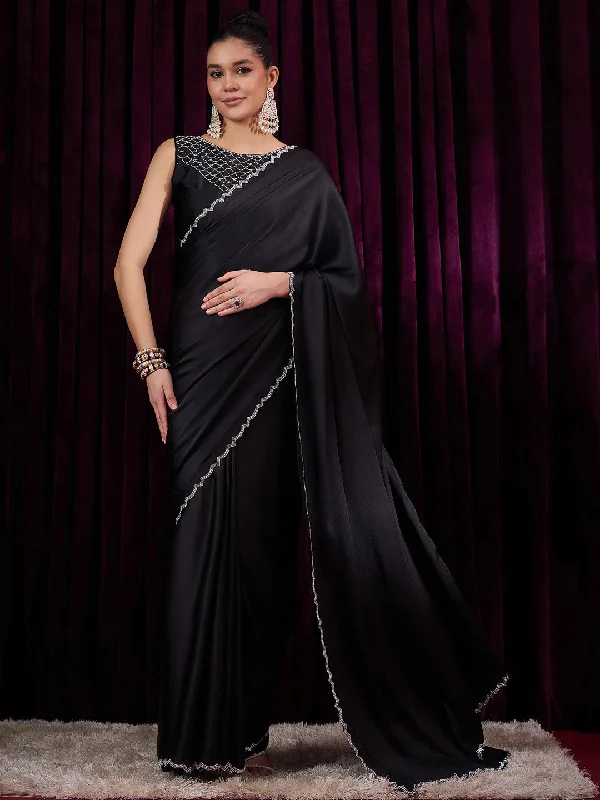 Women's Satin Silk Black Embellished Designer Saree With Blouse Piece Embroidered Floral Blouse Women's Satin Silk Black Embellished Designer Saree With Blouse Piece Embroidered Floral Blouse