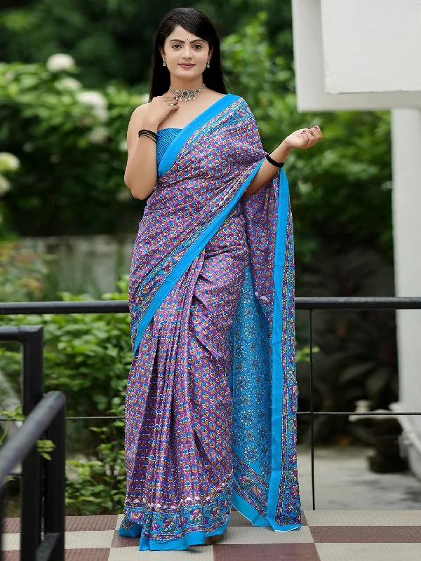 Women's Cotton Blue Printed Designer Saree With Blouse Piece Stretchy Fitted Blouse