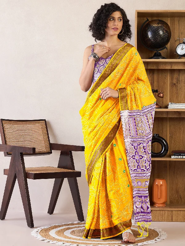 Women's Cotton Yellow Printed Ready to Wear With Blouse Piece Pleated Collar Blouse