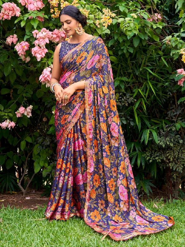 Women's Chiffon Navy Blue Embellished Designer Saree With Blouse Piece Loose Oversized Blouse Women's Chiffon Navy Blue Embellished Designer Saree With Blouse Piece Loose Oversized Blouse