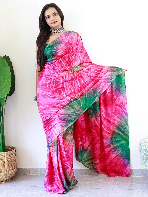 Women's Chiffon Pink Printed Ready to Wear With Blouse Piece Embellished Collar Blouse