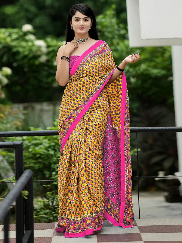 Women's Cotton Pink Printed Designer Saree With Blouse Piece Business Casual Blouse