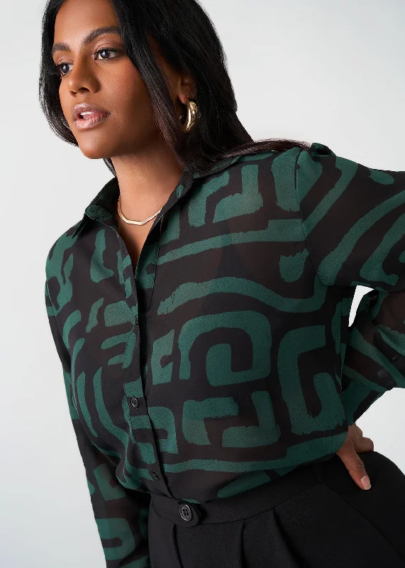 Zoela Women's African Print Sheer Blouse (Black Malachite Geometric) Feminine Satin Blouse Zoela Women's African Print Sheer Blouse (Black Malachite Geometric) Feminine Satin Blouse