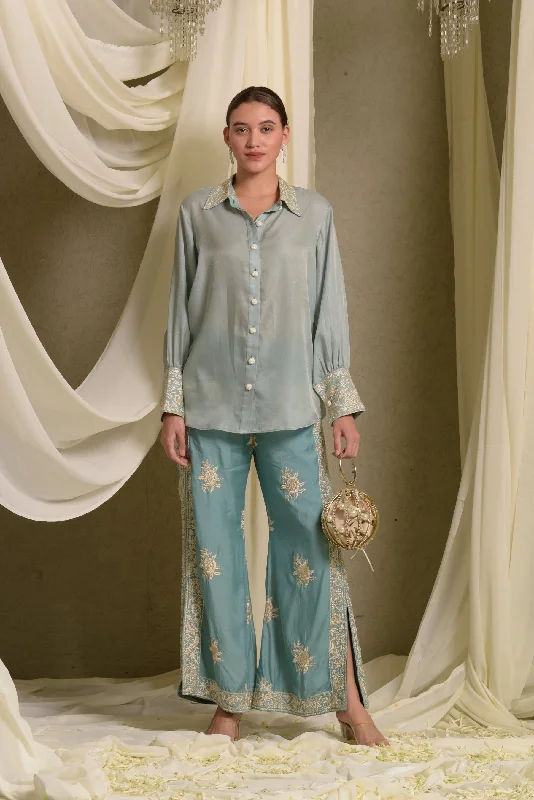 Reyna Gara Glazed Shirt With Slit Pants-- Rayon Velvet Corduroy