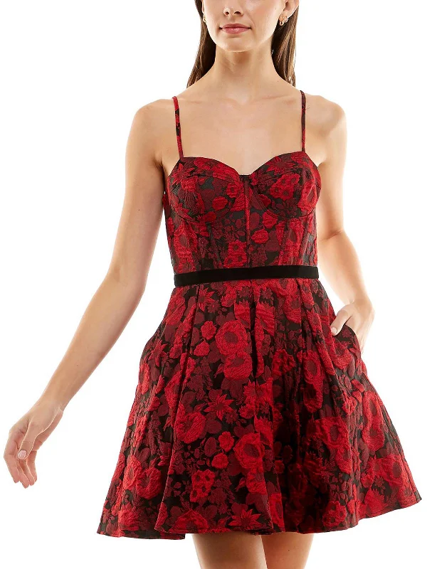Juniors Womens Jacquard Floral Mini Dress Fashionable Denim Mini Dress