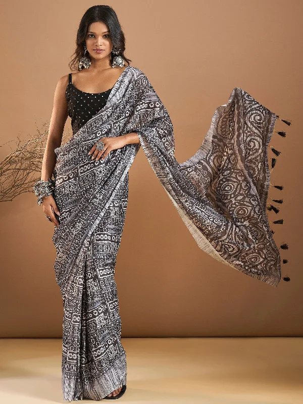 Women's Georgette Black Printed Designer Saree With Blouse Piece Office-Ready Blouse