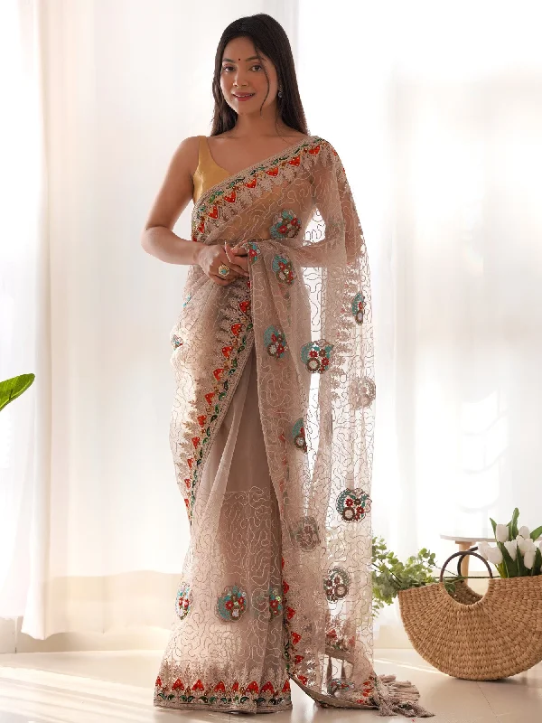 Women's Net Beige Embellished Designer Saree With Blouse Piece Classic White Blouse