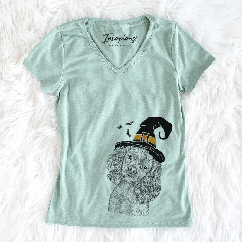 Witch Sadie the Cocker Spaniel - Women's V-neck Shirt-- Zippered Front Buttoned Front Snap Front Witch Sadie the Cocker Spaniel - Women's V-neck Shirt-- Zippered Front Buttoned Front Snap Front