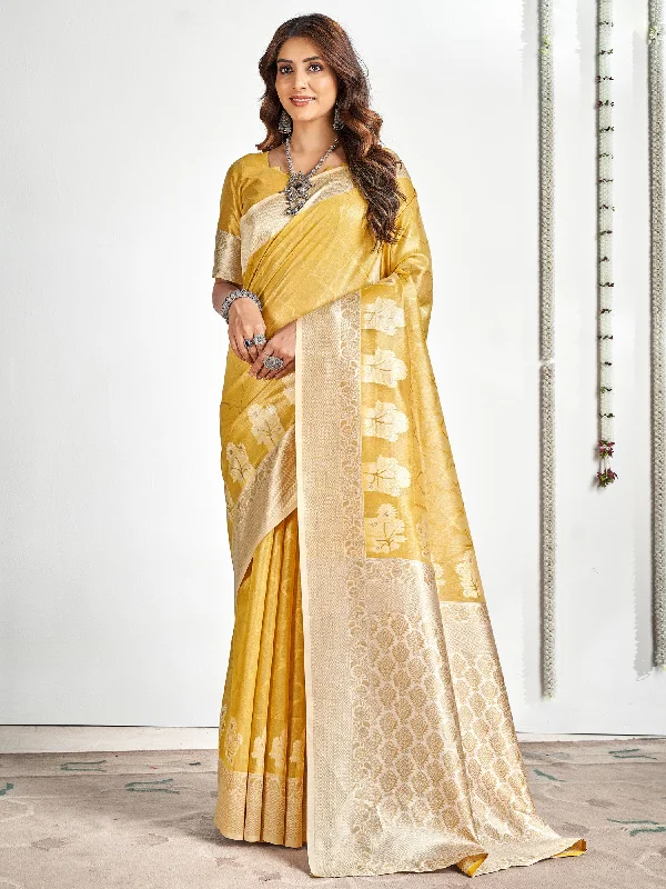 Women's Cotton Yellow Woven Design Designer Saree With Blouse Piece Feminine Ruffle Blouse Women's Cotton Yellow Woven Design Designer Saree With Blouse Piece Feminine Ruffle Blouse